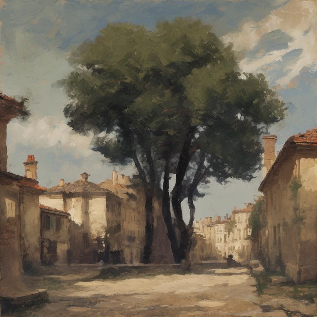 Παραδοσιακός πίνακας με μεγάλα δέντρα και αρχοντικές κατοικίες, ζωγραφική με έμφαση στη φύση και την αστική ηρεμία.