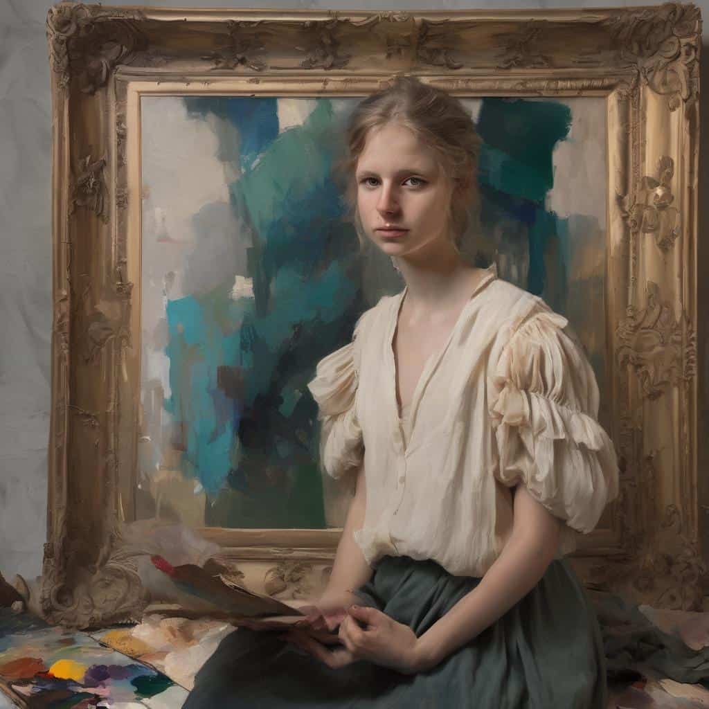 Ζευγάρι σύγχρονων καλλιτεχνών και τα έργα τους, πορτρέτο γυναίκας με δημιουργία ζωγραφικής.